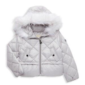 NEW Michael Kors Kids Little Girl Aluminum Faux Fur-Trim Peplum Puffer Jacket